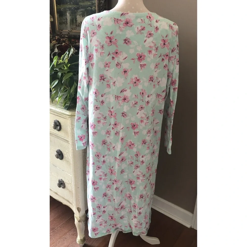 Vtg Floral Nightgown Long Sleeve 100% Cotton Knit Grannycore Green Pink Women L